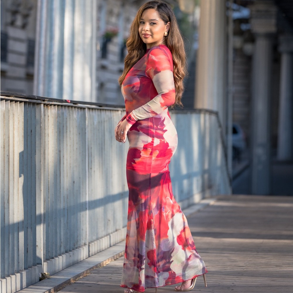 SHEIN Vibrant Red and White Long Sleeve Dress